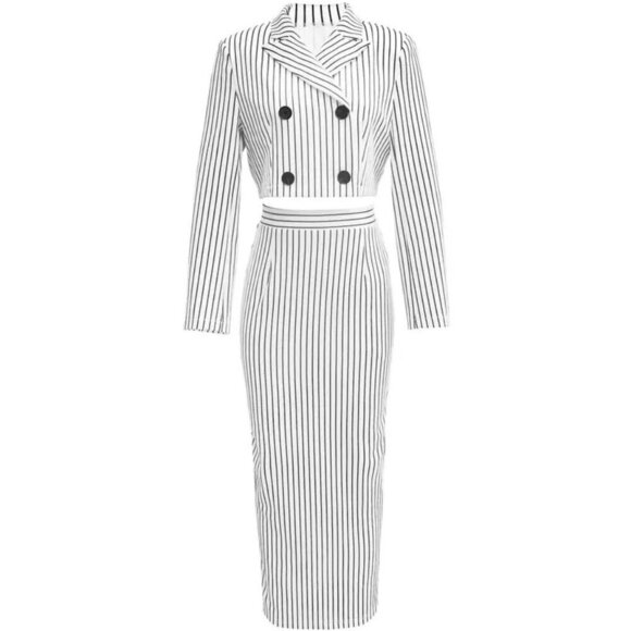 Three-Piece - Striped Print Crop Tube Top, Double Breasted Lapel Blazer & Skirt - Picture 4 of 6